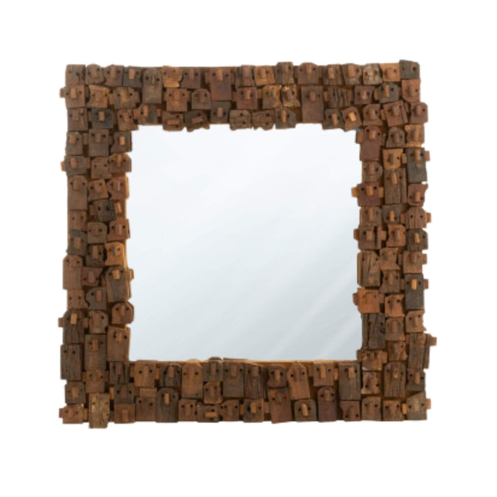 Nommo Square Mirror with recycled wood block frame in natural brown tones.