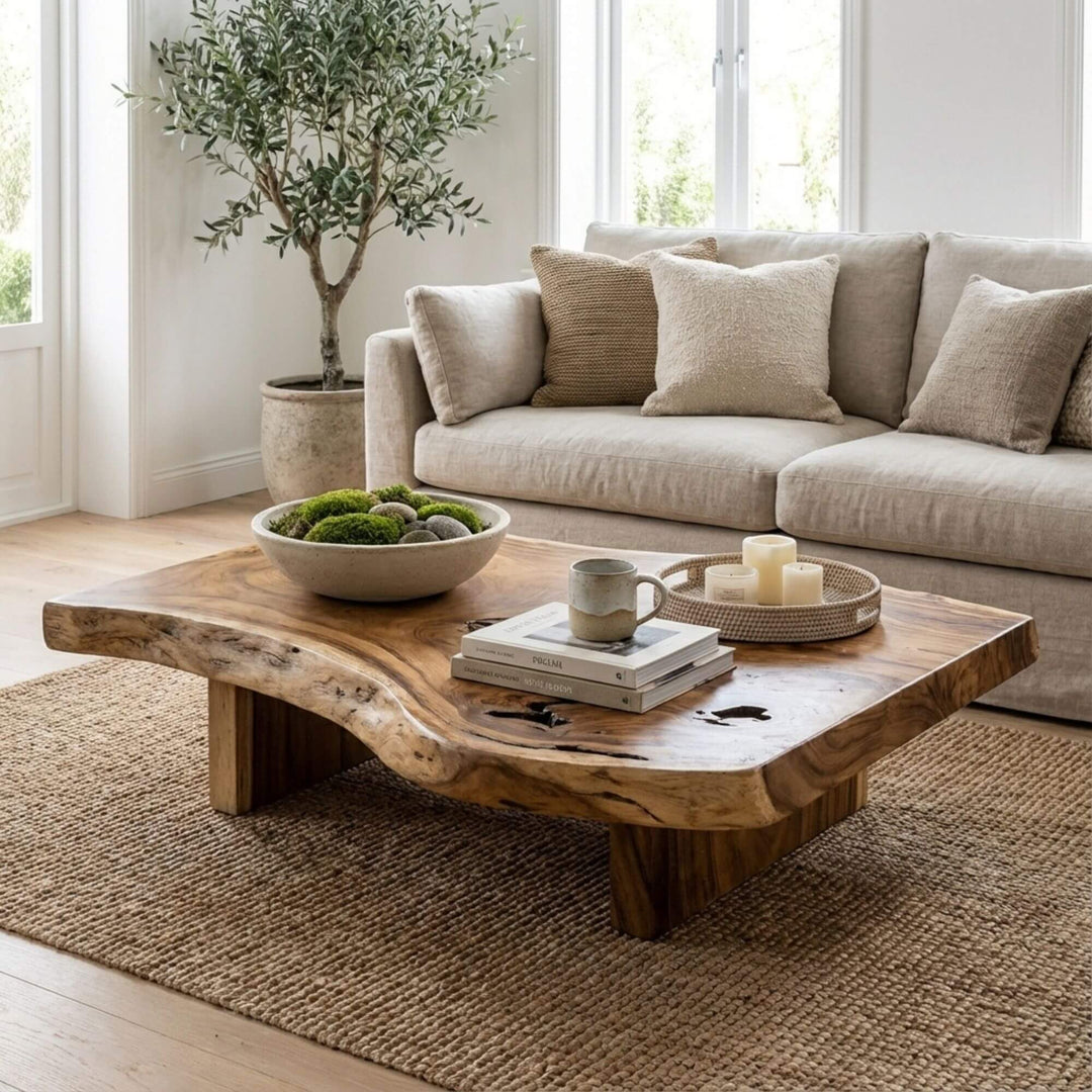 Styled interior view of Noonu Coffee Table placed in a living room, highlighting its sculptural presence.