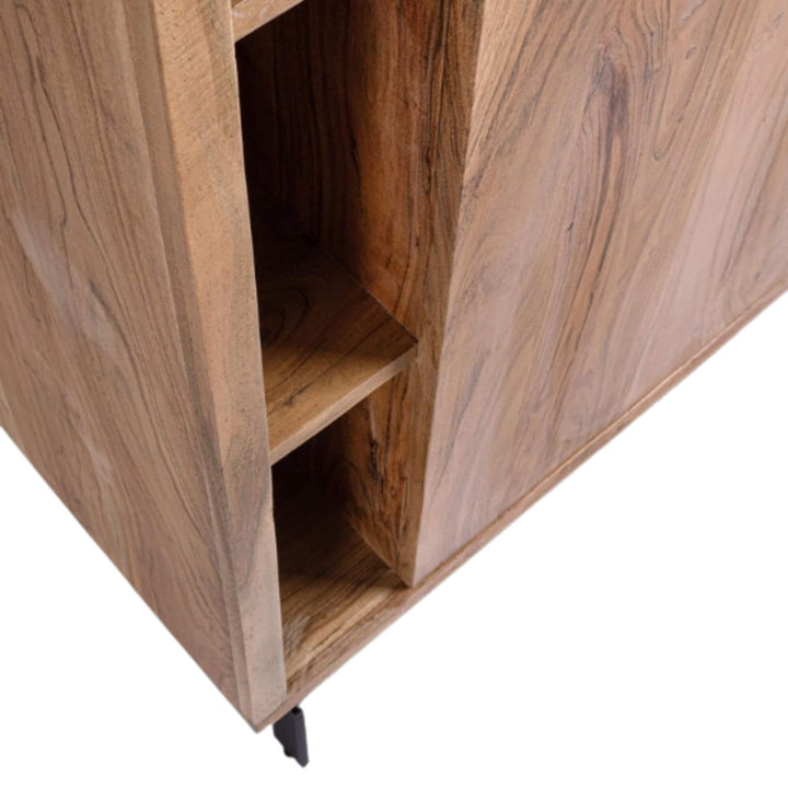 Close-up detail of the acacia wood surface showing natural grain and handcrafted finish.