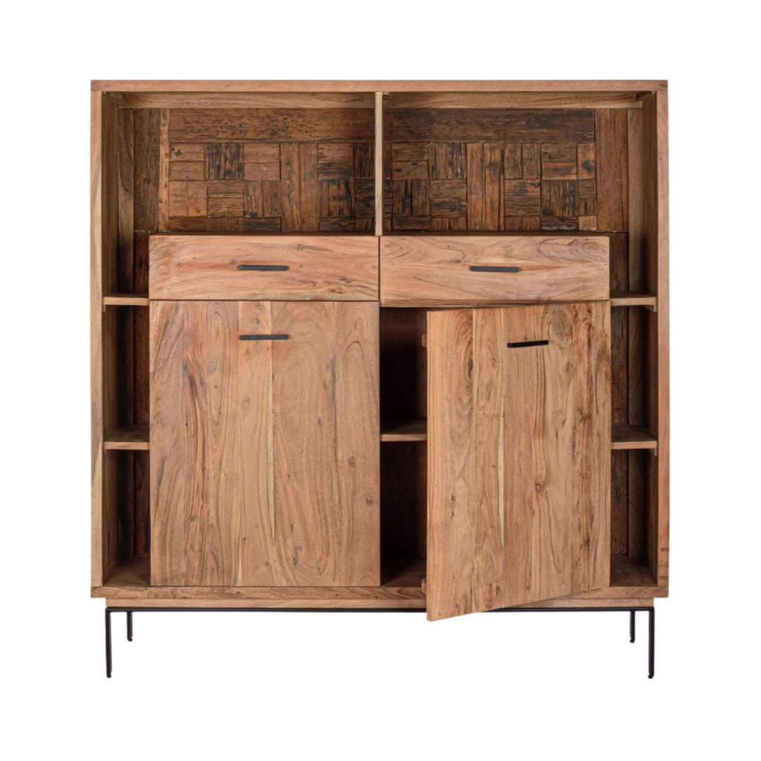 Front view of the Noor acacia wood buffet with doors open, showing interior shelves and drawers.