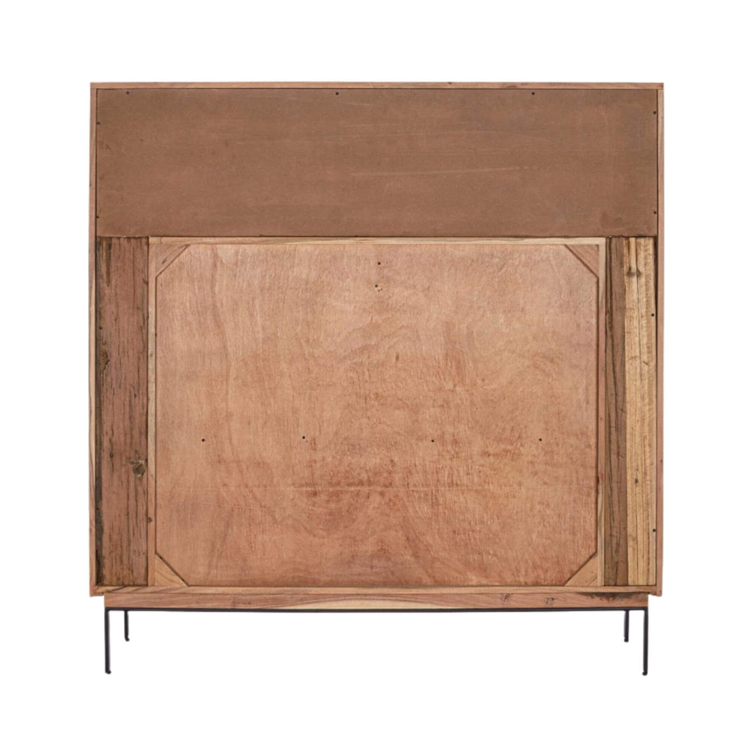 Rear view of the Noor buffet emphasizing its solid acacia wood structure and metal legs.