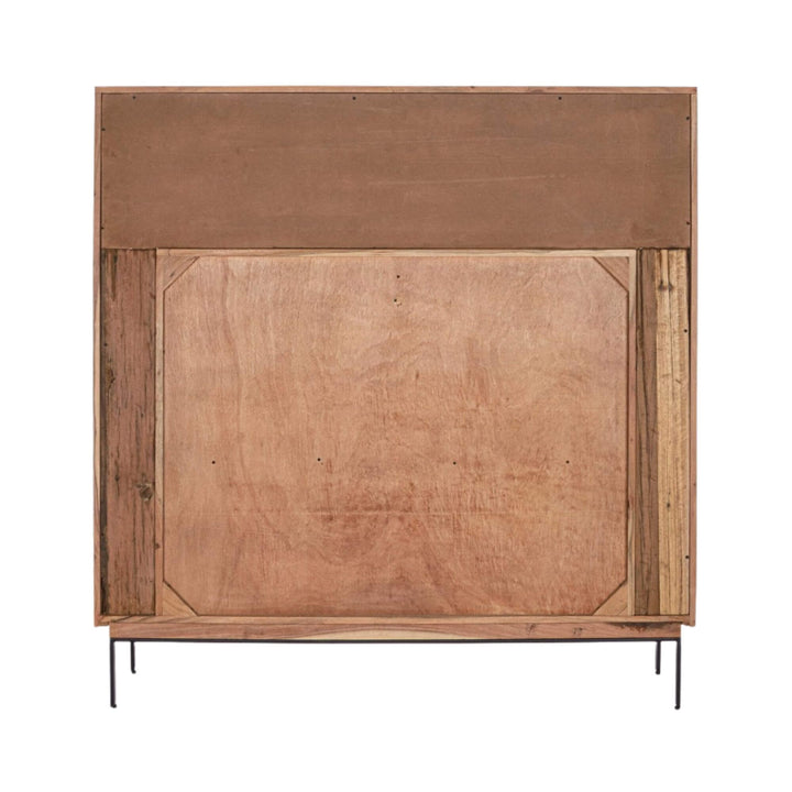 Rear view of the Noor buffet emphasizing its solid acacia wood structure and metal legs.