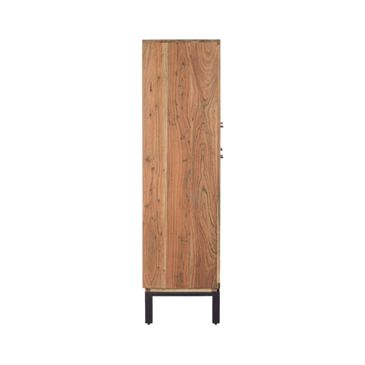 Side view of the Noor buffet emphasizing its solid acacia wood structure and metal legs.
