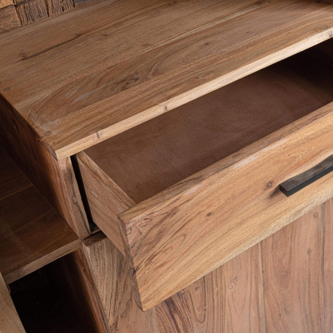 Close-up detail of the acacia wood surface showing natural grain and handcrafted finish.