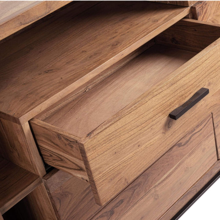 Close-up detail of drawers and shelves showing handcrafted wood texture and finish.