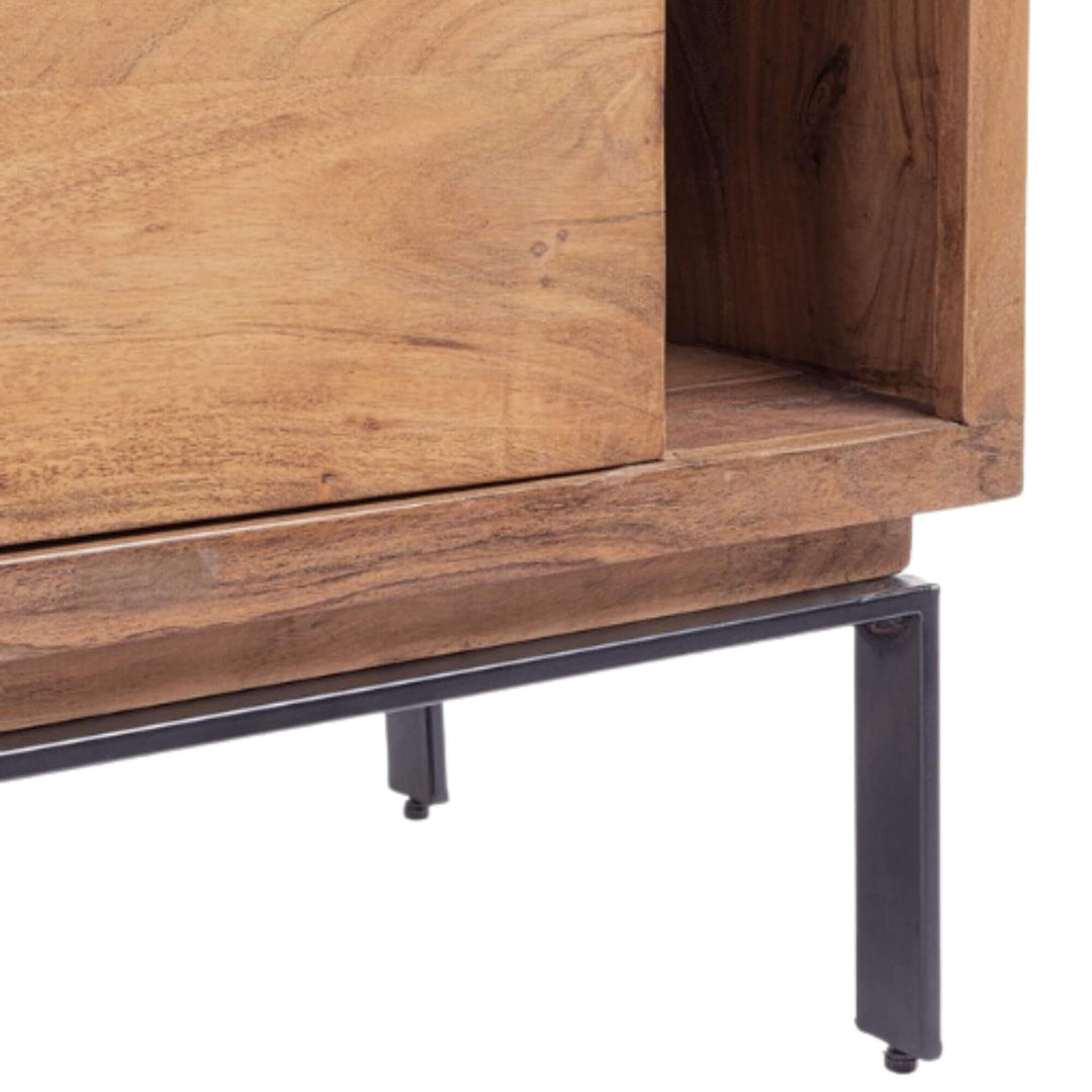 Close-up detail of drawers and shelves showing handcrafted wood texture and finish.