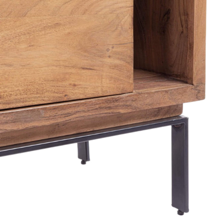 Close-up detail of drawers and shelves showing handcrafted wood texture and finish.