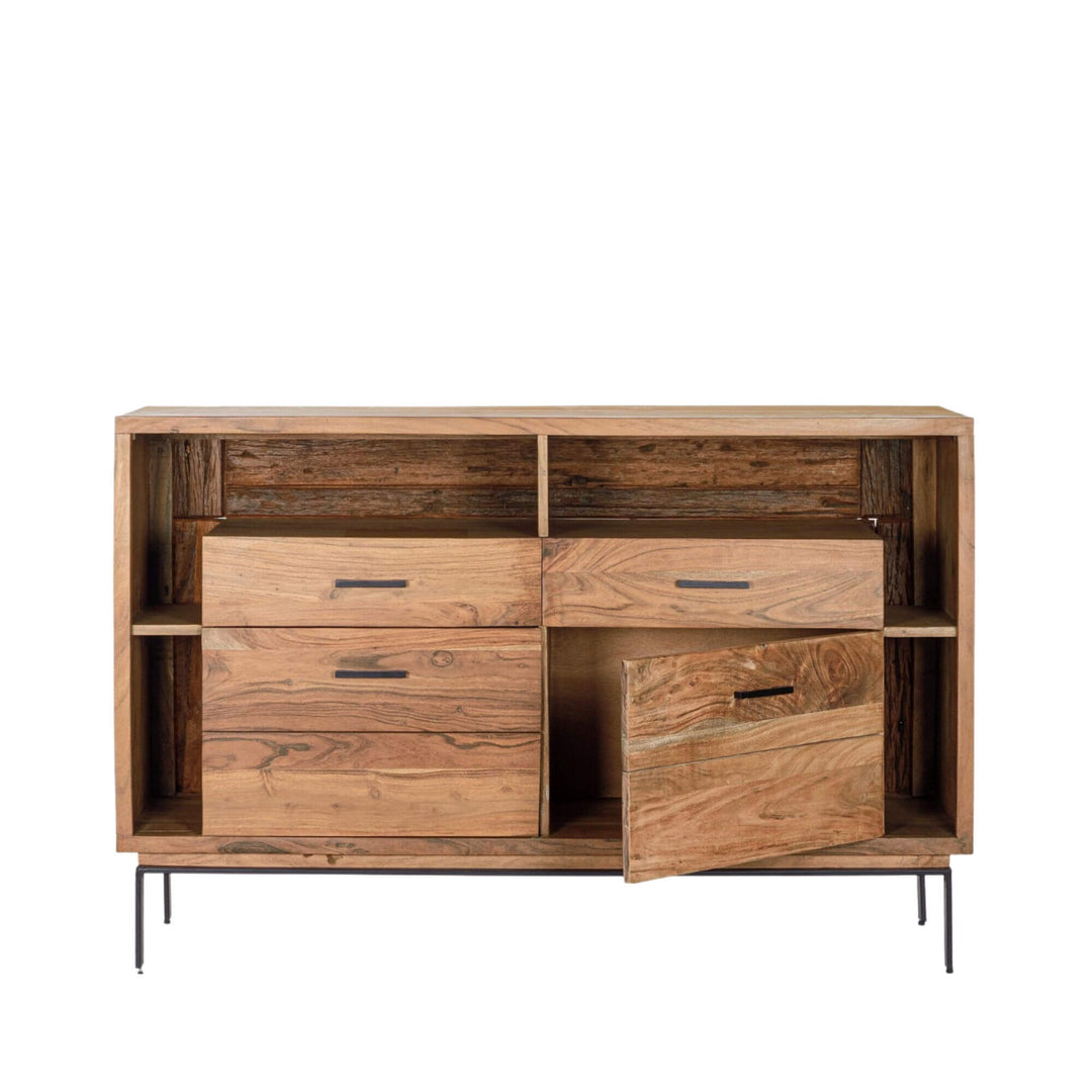 Front view of the Noor acacia wood buffet showing drawers, cabinets, and open shelving.