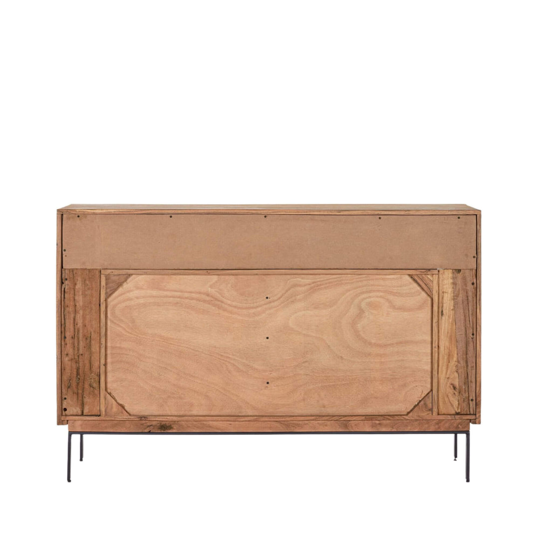 Rear view of the buffet emphasizing its solid acacia wood structure and metal legs.