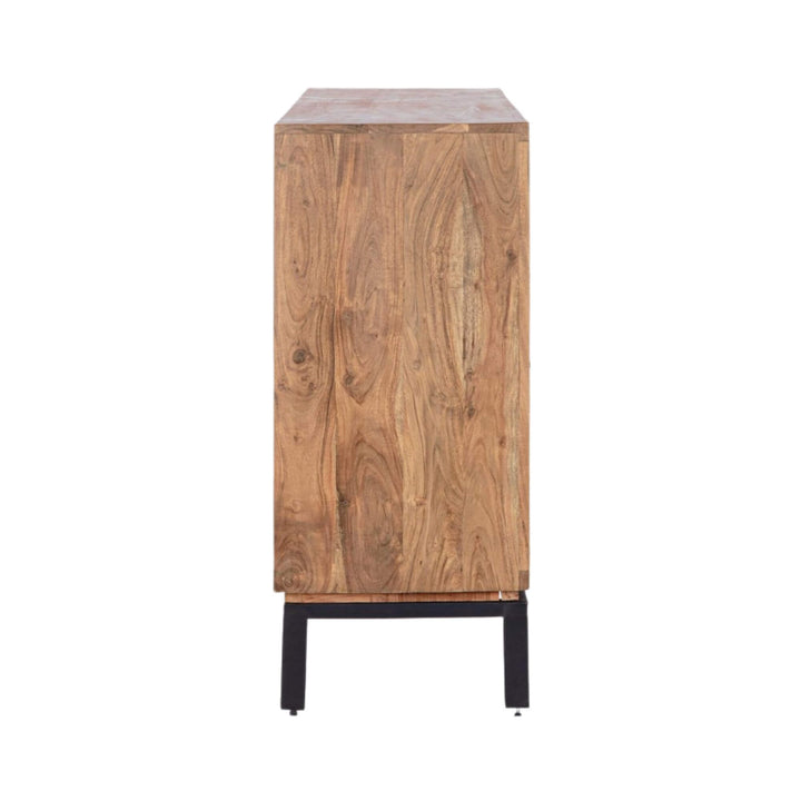Side view of the buffet emphasizing its solid acacia wood structure and metal legs.