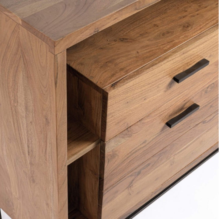 Close-up detail of drawers and shelves showing handcrafted wood texture and finish.