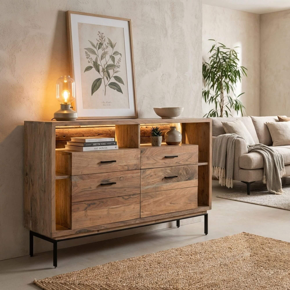 Styled interior setting featuring the Noor buffet placed against a wall with decorative lighting.