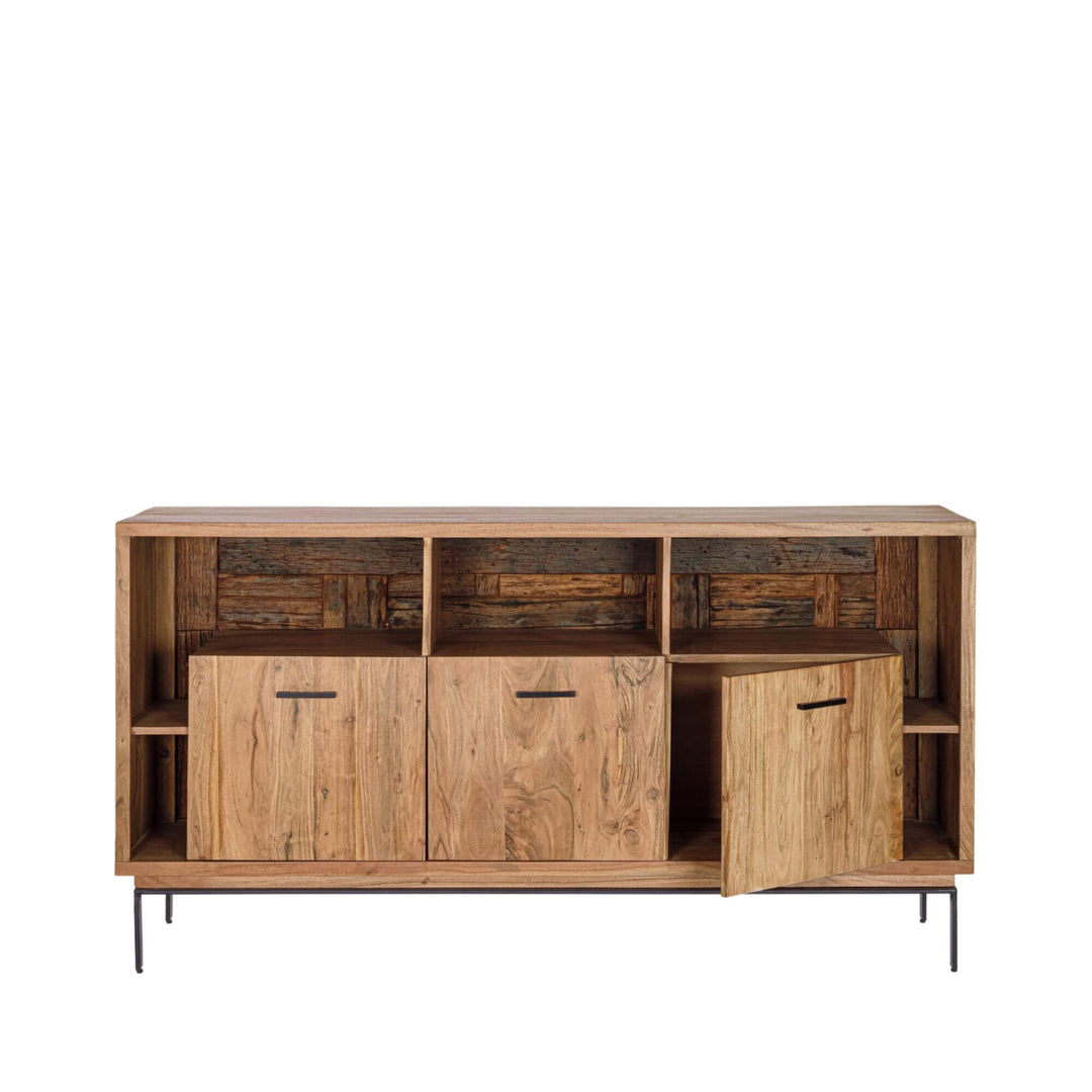 Front view of the Noor acacia wood buffet with one door open, showing interior storage compartments.