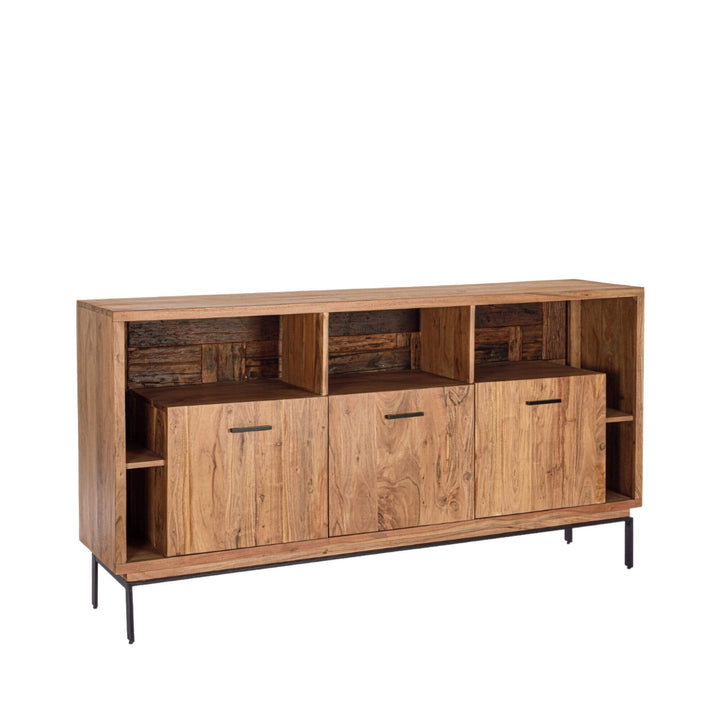 Closed front view of the Noor buffet highlighting its wide proportions and natural wood grain.