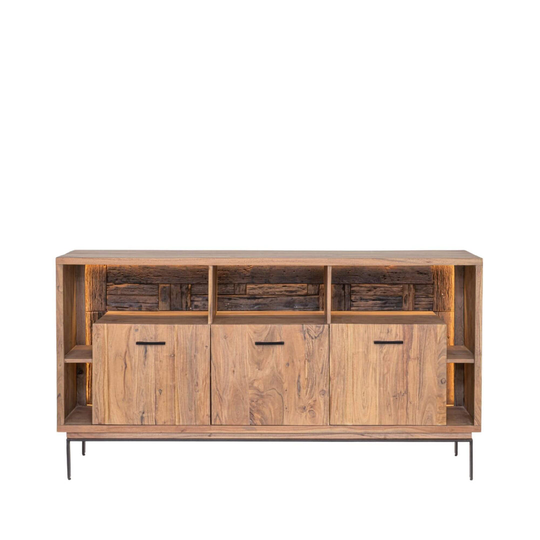 Closed front view of the Noor buffet highlighting its wide proportions and natural wood grain.