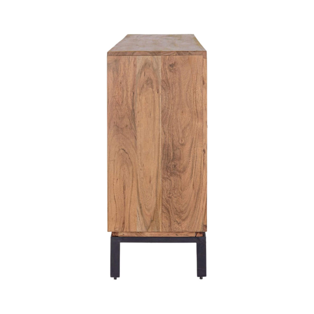 Side view of the buffet emphasizing its solid acacia wood construction and metal legs.