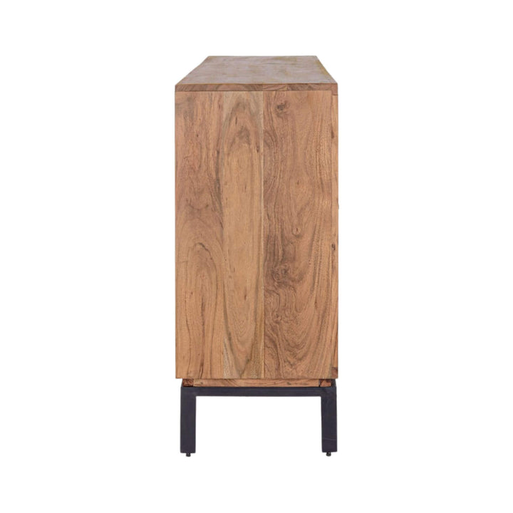 Side view of the buffet emphasizing its solid acacia wood construction and metal legs.