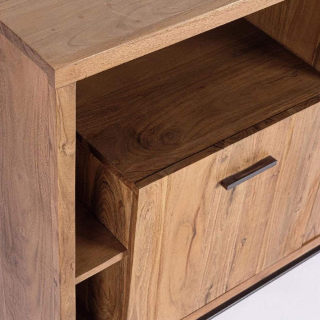 Close-up detail of drawer and door fronts showing handcrafted wood texture.