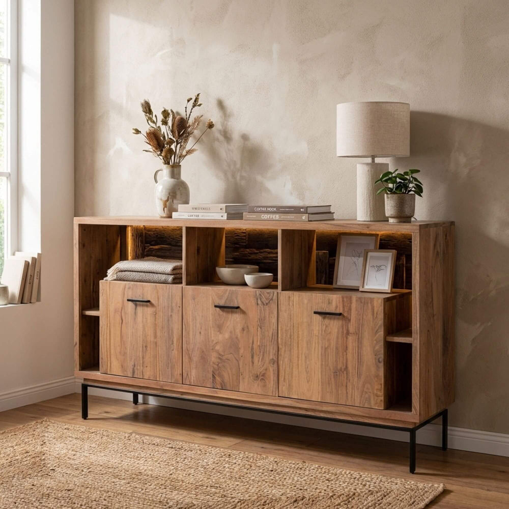 Styled interior setting featuring the Noor buffet placed against a wall in a dining space.