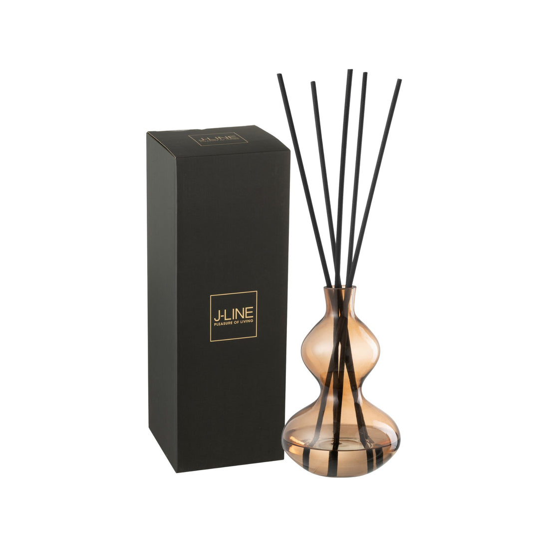 Small Nordic Vetiver Diffuser with black reeds next to its black packaging box.