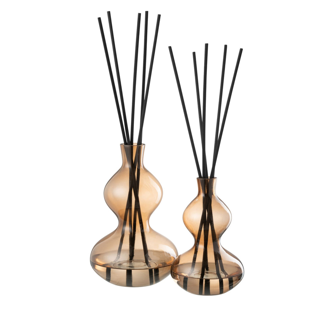 Nordic Vetiver Fragrance Diffuser in amber glass with black reeds, size comparison of both models.