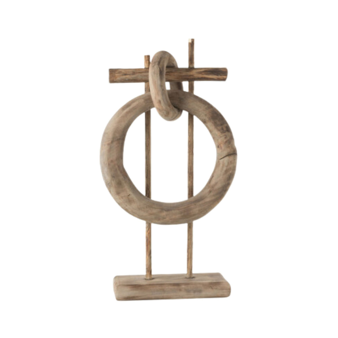 Front view of Nudo Stand sculpture made from reclaimed wood featuring a circular form with sculptural knot detail on a wooden base.