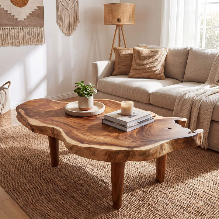 Nuku Hiva suar wood coffee table styled with books and decor in a warm Mediterranean-inspired living room