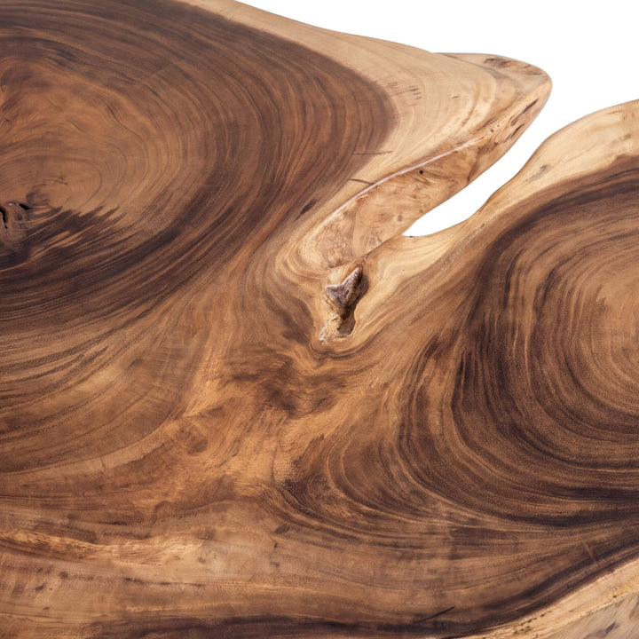 Close-up of the Nuku Hiva coffee table highlighting the dramatic suar wood grain, natural edge, and organic opening