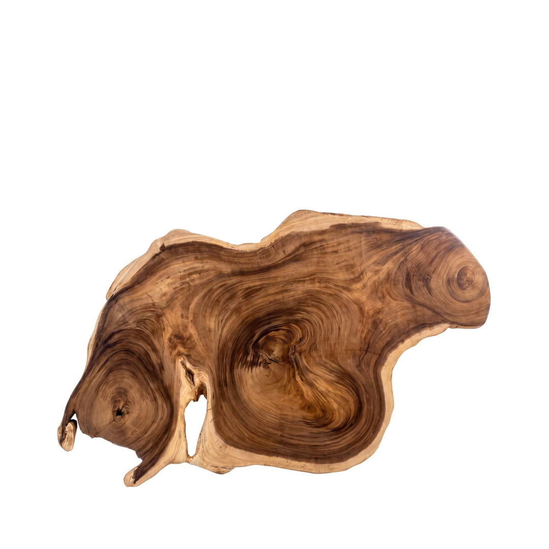 Top view of the Nuku Hiva suar wood coffee table showing its unique irregular silhouette and expressive natural grain