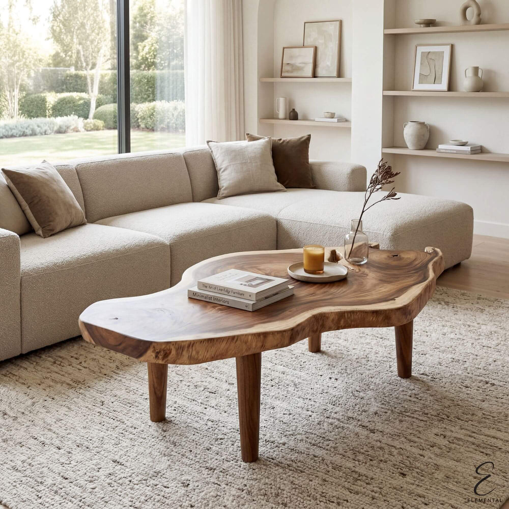 Styled living room setting featuring the Nuku Hiva coffee table as a sculptural centerpiece.