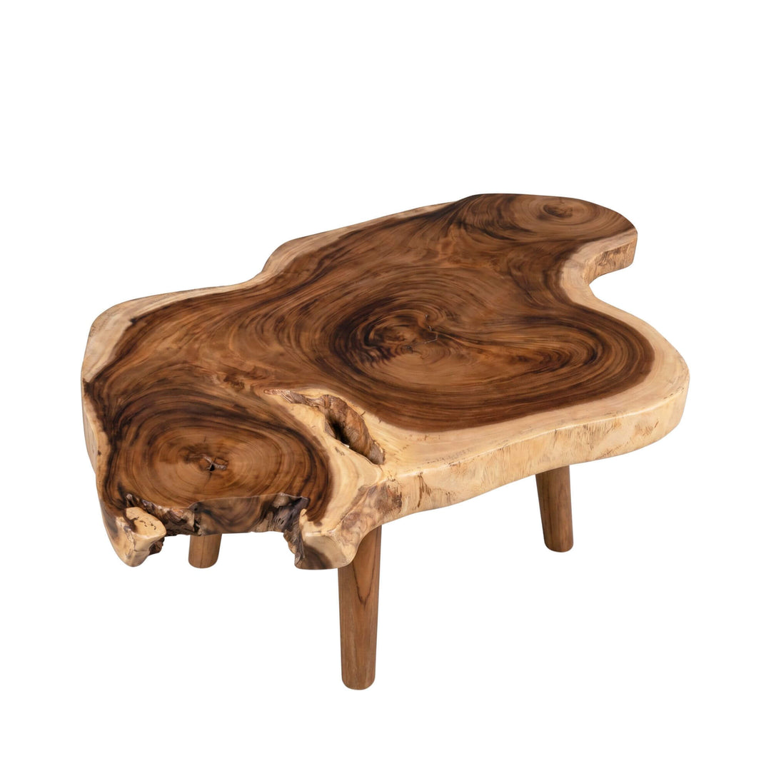 Angled view of the coffee table highlighting the rich suar wood grain and handcrafted legs.
