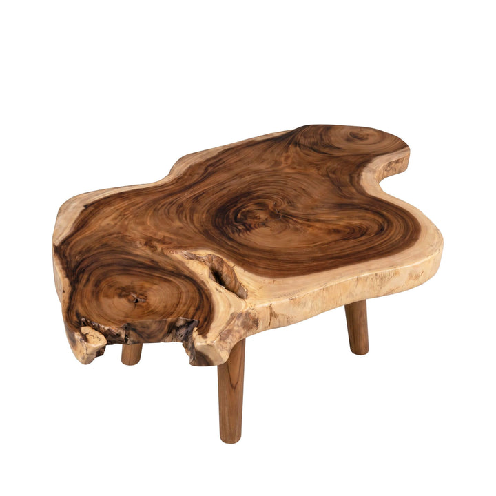 Angled view of the coffee table highlighting the rich suar wood grain and handcrafted legs.