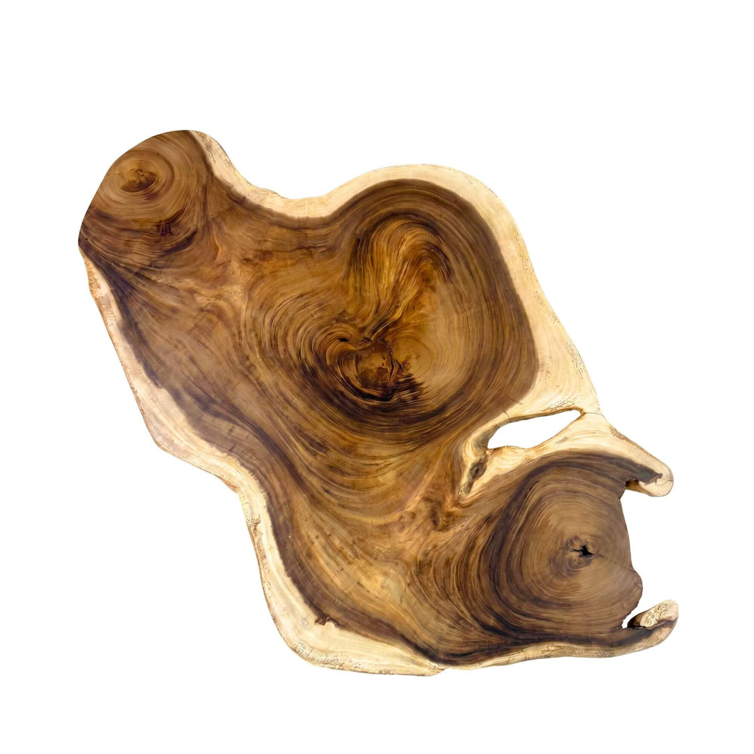 Top view of the tabletop showing the free-form silhouette and natural wood variation.