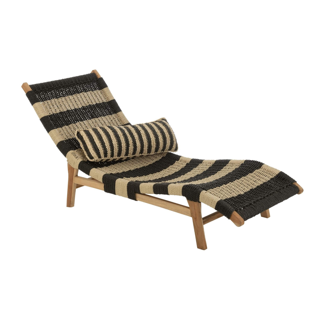 Front angled view of Nungwi teak sunbed with black and beige woven seat