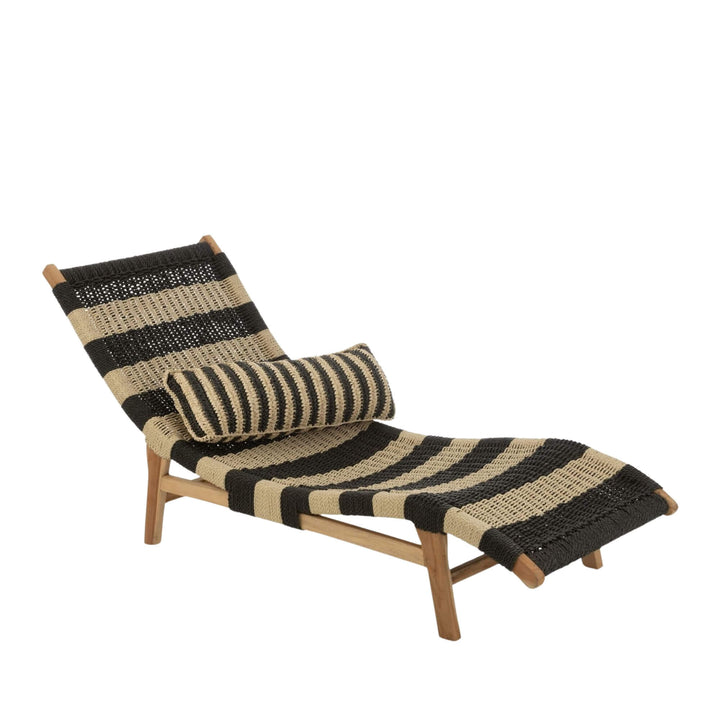 Front angled view of Nungwi sunbed showcasing teak wood frame and striped woven fabric.
