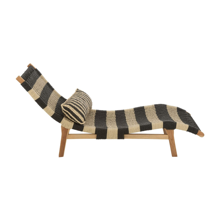 Side profile of teak wood sun lounger showing reclined shape