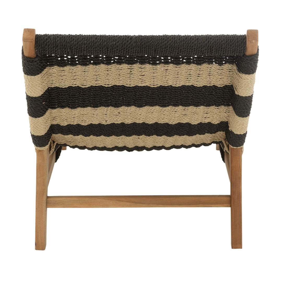 Back view of woven lounge chair with teak frame