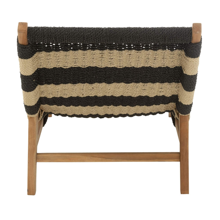 Back view of woven lounge chair with teak frame