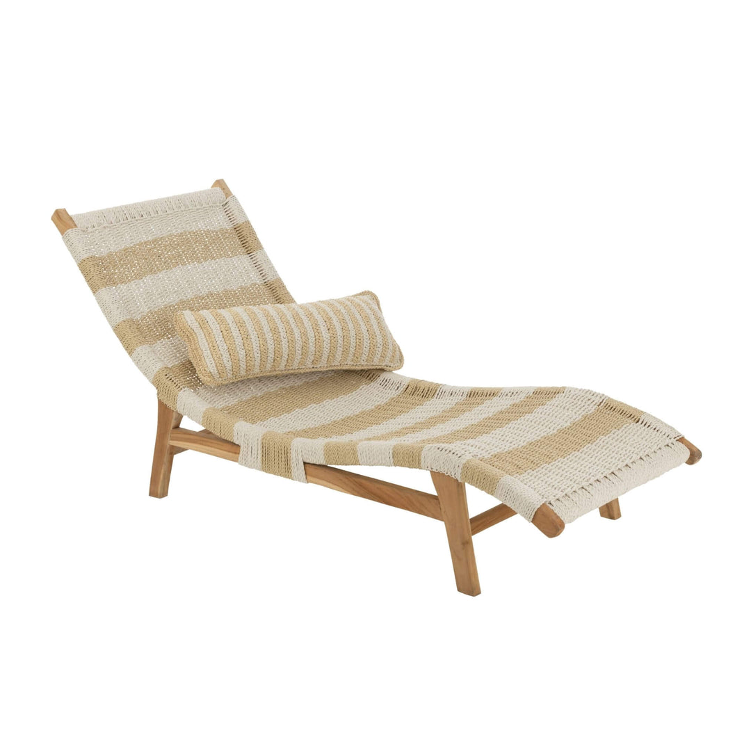 Front angled view of Nungwi teak sunbed with white and beige woven seat