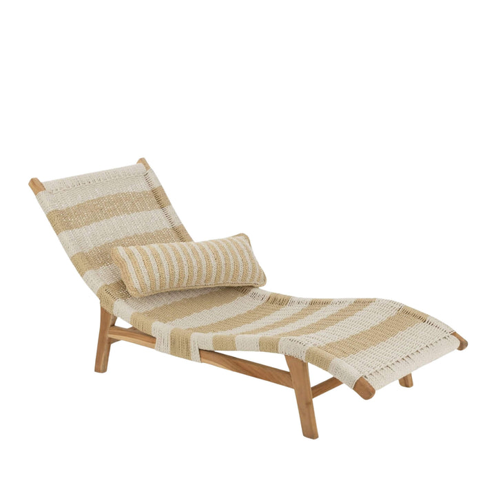 Front angled view of Nungwi sunbed showcasing teak wood frame and striped woven fabric.