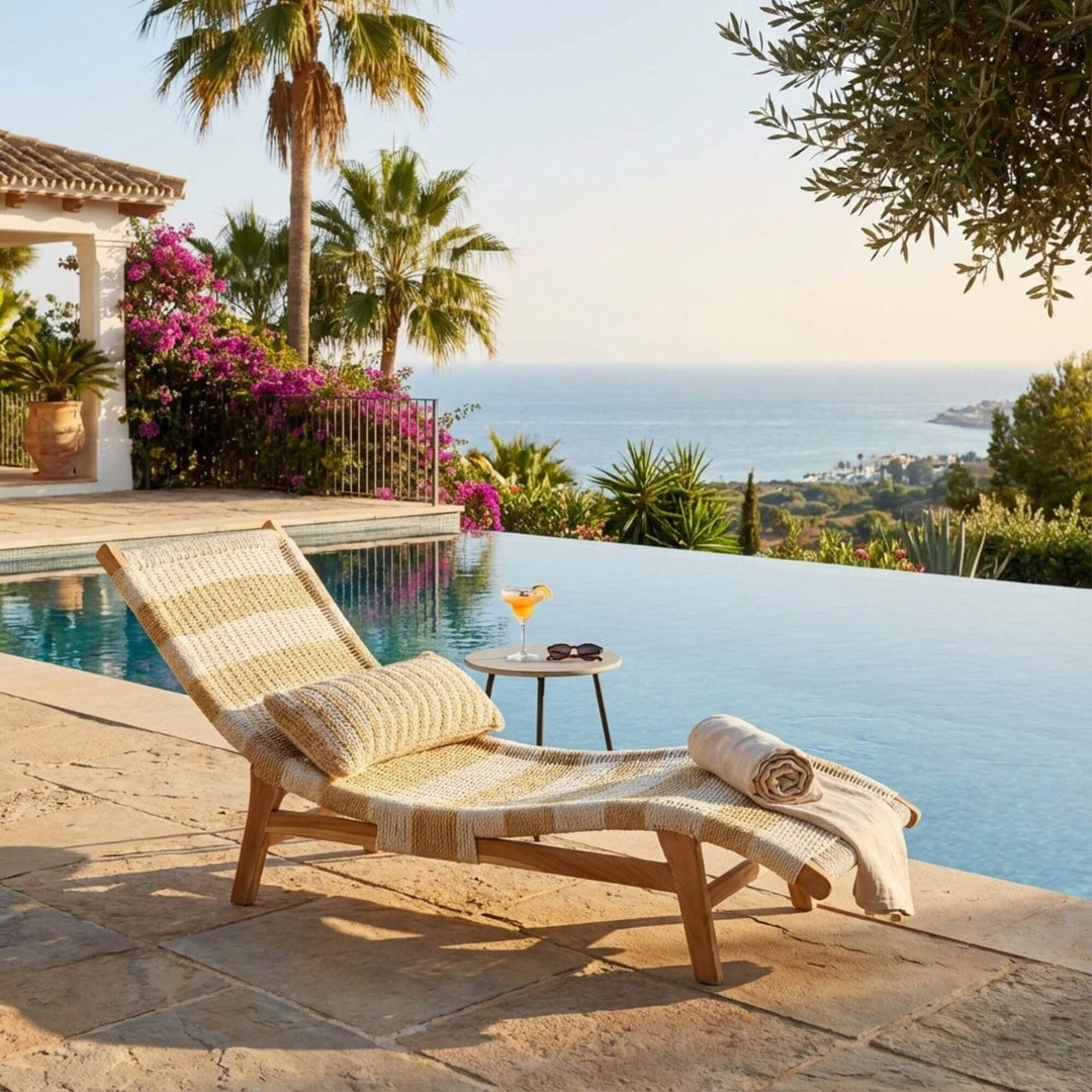 Styled poolside scene featuring the Nungwi sunbed in a relaxed outdoor setting.