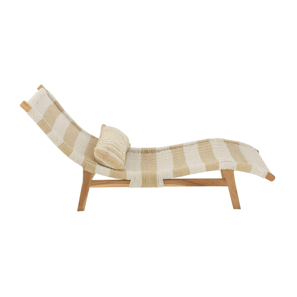 Side profile of teak wood sun lounger in soft neutral stripes