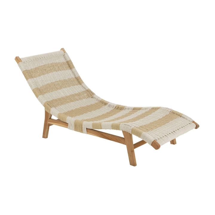 Side profile of teak wood sun lounger in soft neutral stripes