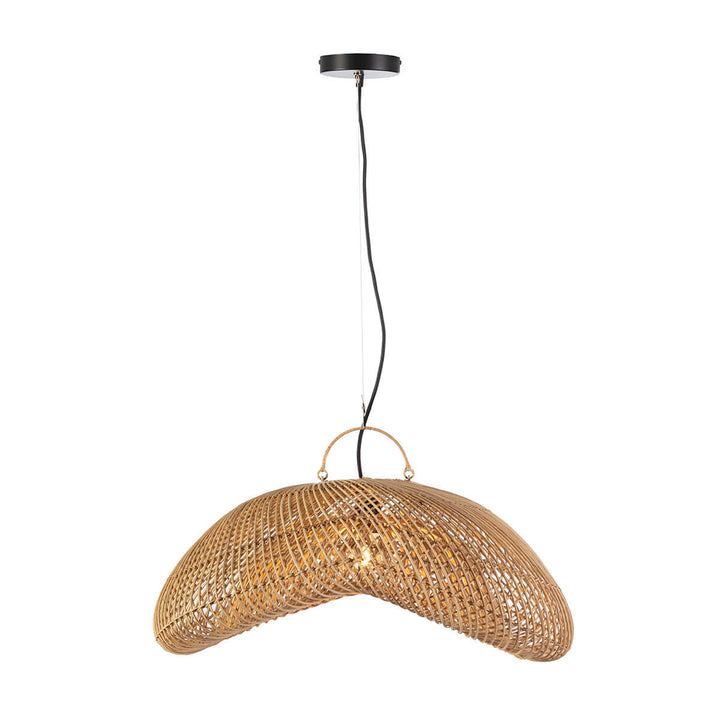 Front view of the lit up Small Nusa Ceiling Lamp crafted from natural handwoven rattan.