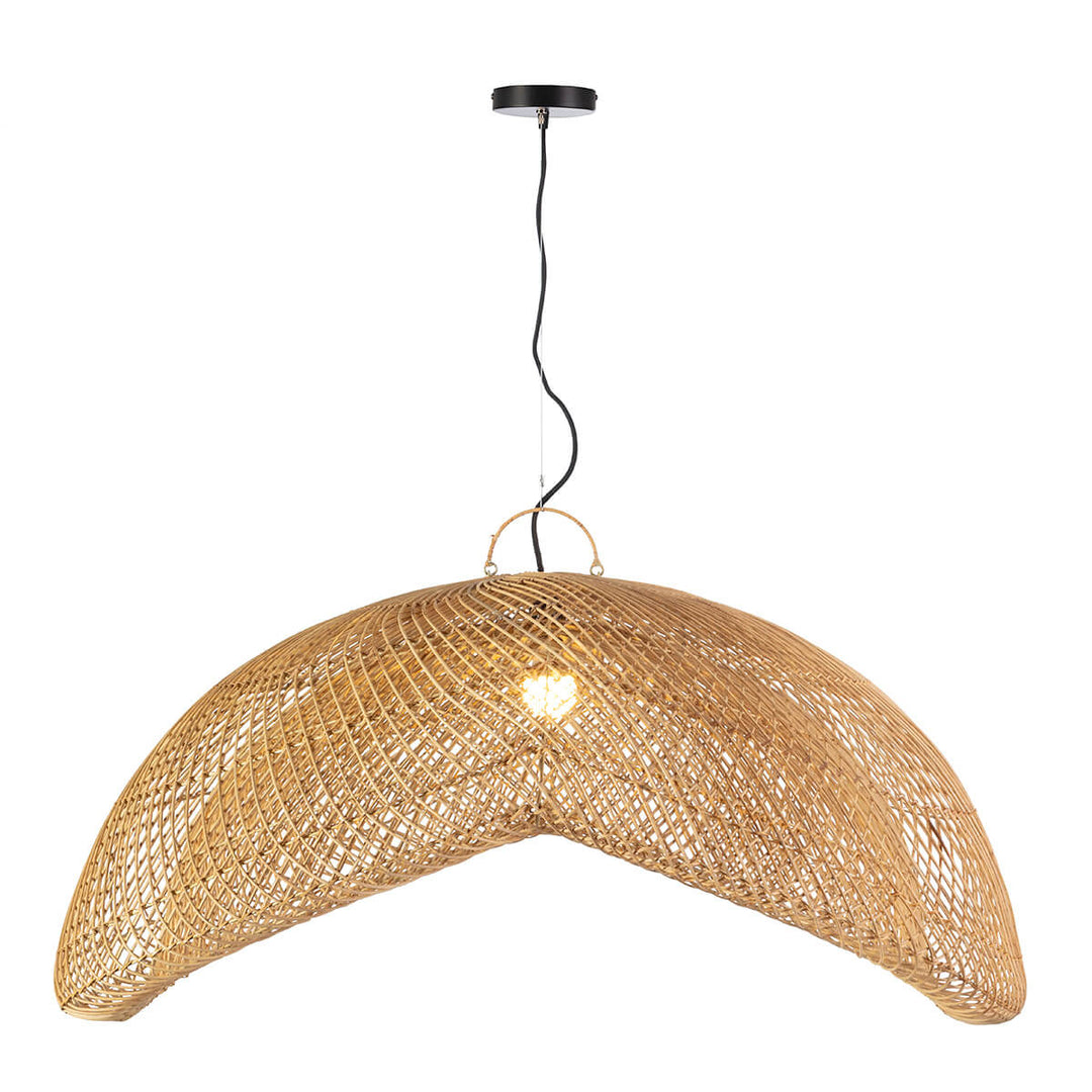 Front view of the lit up Large Nusa Ceiling Lamp crafted from natural handwoven rattan.