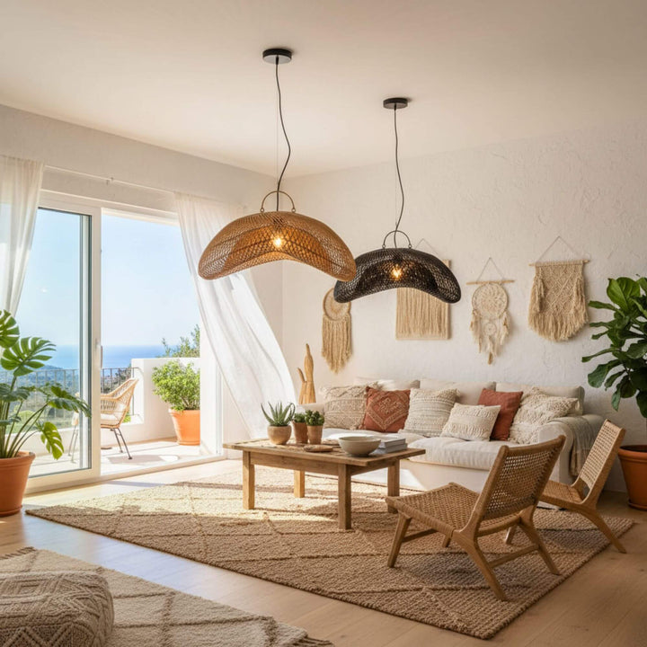 Nusa Ceiling Lamp styled above a dining table in a coastal-inspired interior.