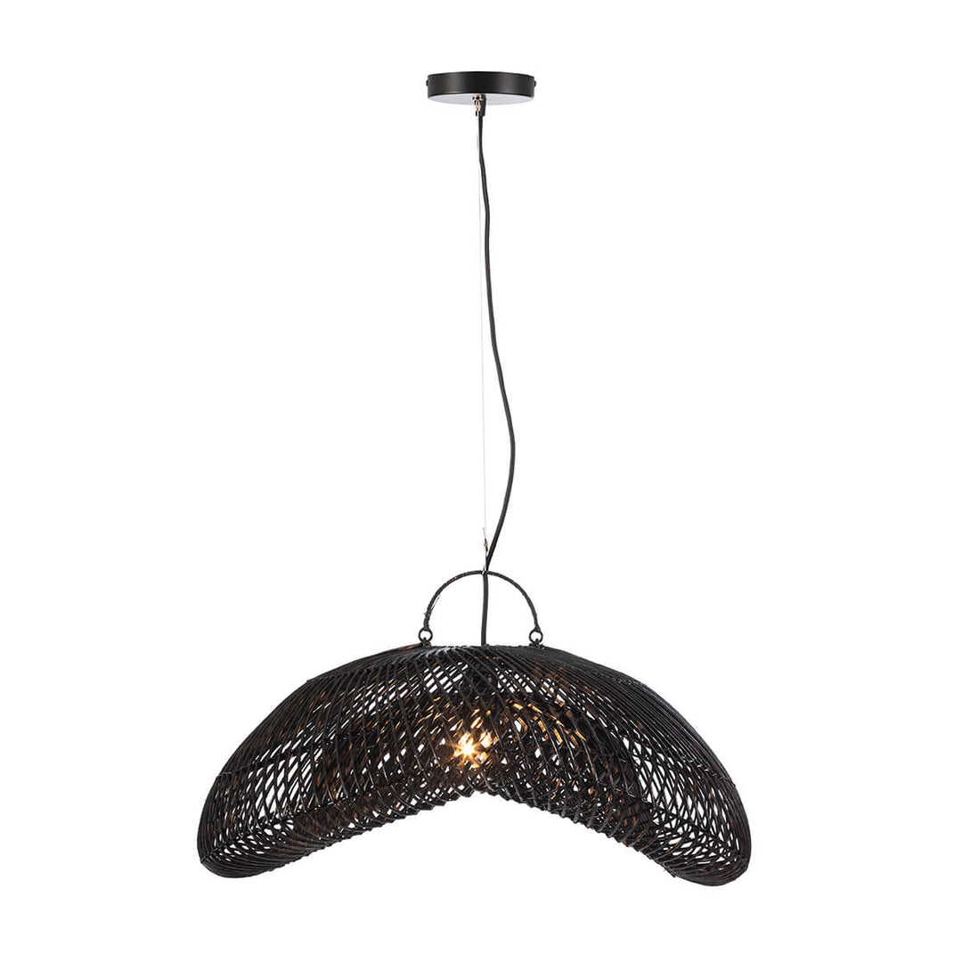 Front view of the lit up Small Nusa Ceiling Lamp crafted from natural handwoven rattan.