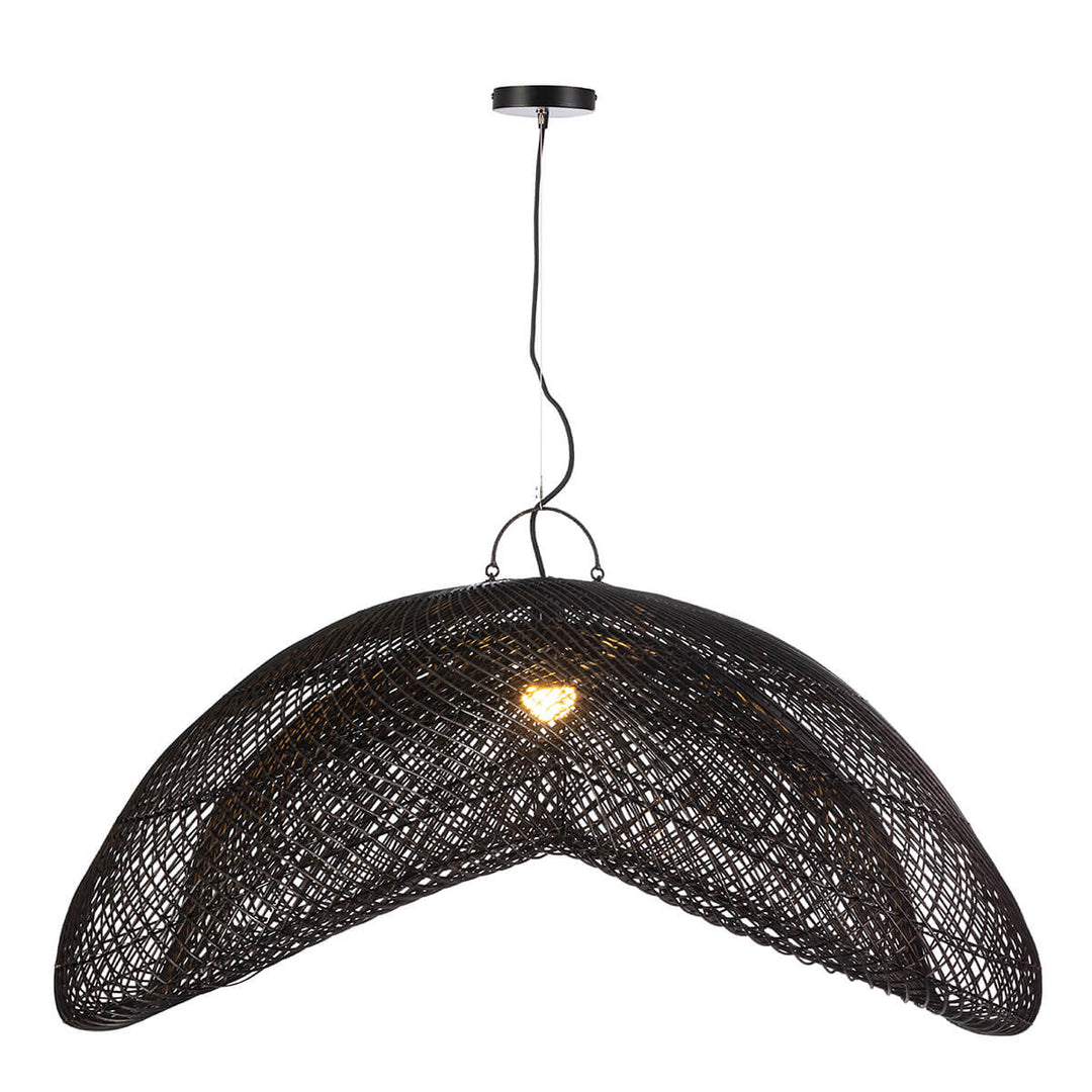 Front view of the lit up Large Nusa Ceiling Lamp crafted from natural handwoven rattan.