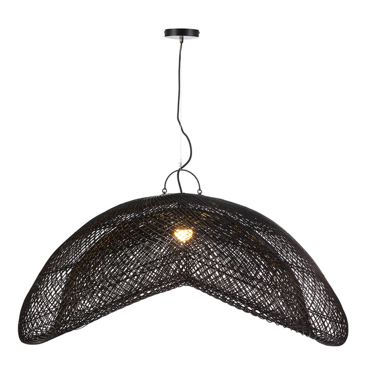Front view of the lit up Large Nusa Ceiling Lamp crafted from natural handwoven rattan.