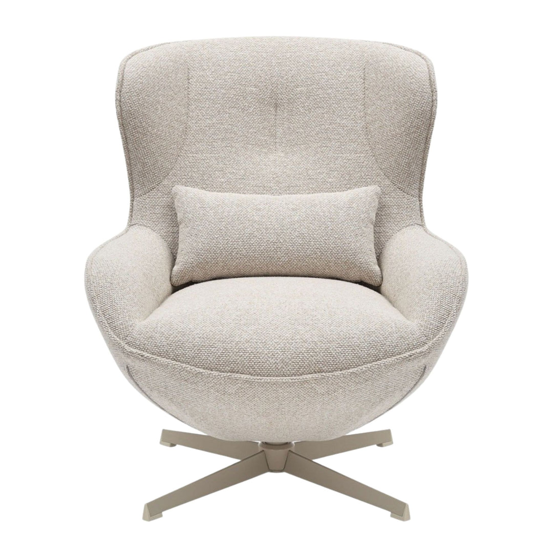 Close-up front view of the Nuba Lounge Chair showing its soft upholstery and curved design.